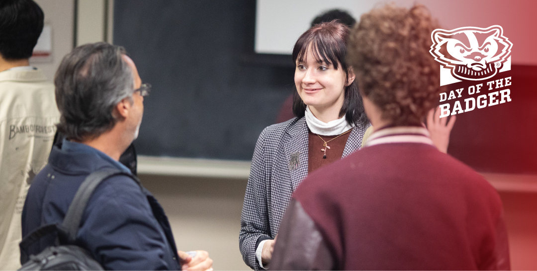 Jason Rothenburg (left) speaking with students at the Wisconsin Screenwriters' Symposium.